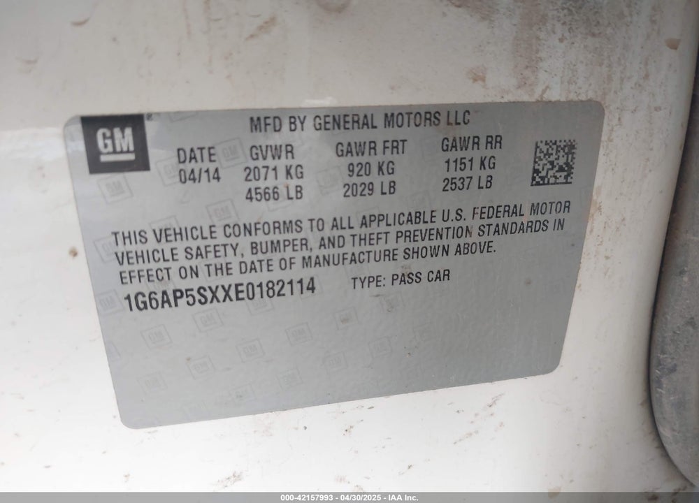 2014 CADILLAC CTS STANDARD VIN: 1G6AP5SXXE0182114