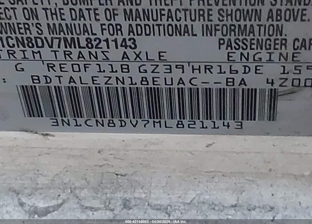 2021 NISSAN VERSA VIN: 3N1CN8DV7ML821143