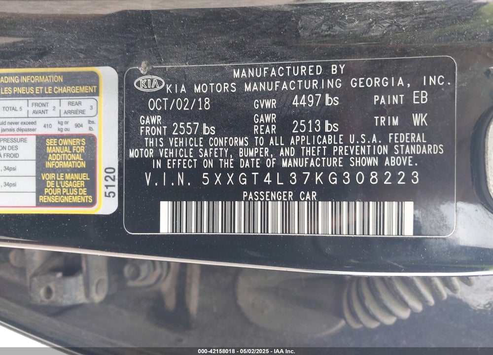 2019 KIA OPTIMA LX VIN: 5XXGT4L37KG308223