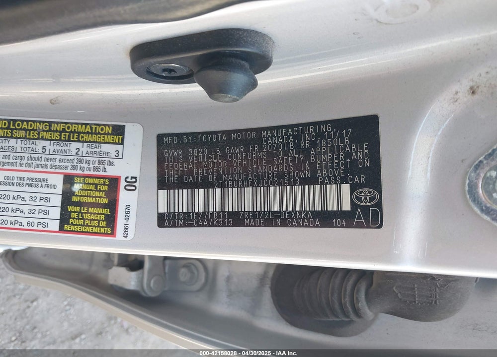 2018 TOYOTA COROLLA VIN: 2T1BURHEXJC021513