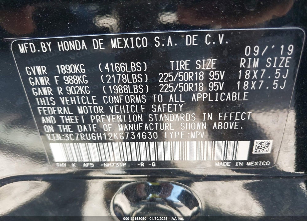 2019 HONDA HR-V SPORT VIN: 3CZRU6H12KG734630