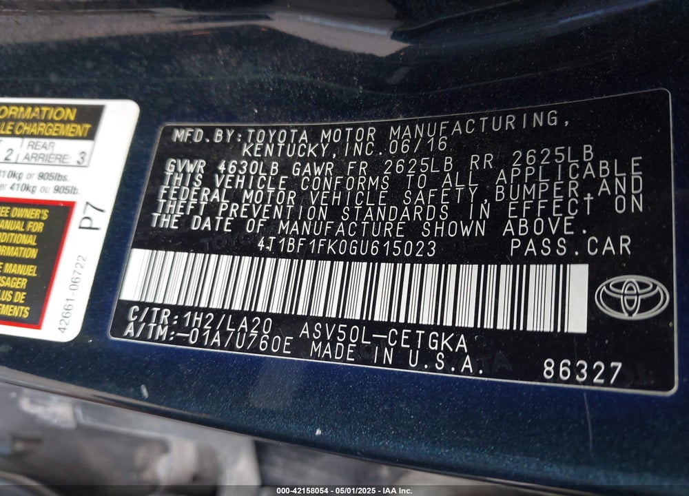 2016 TOYOTA CAMRY VIN: 4T1BF1FK0GU615023