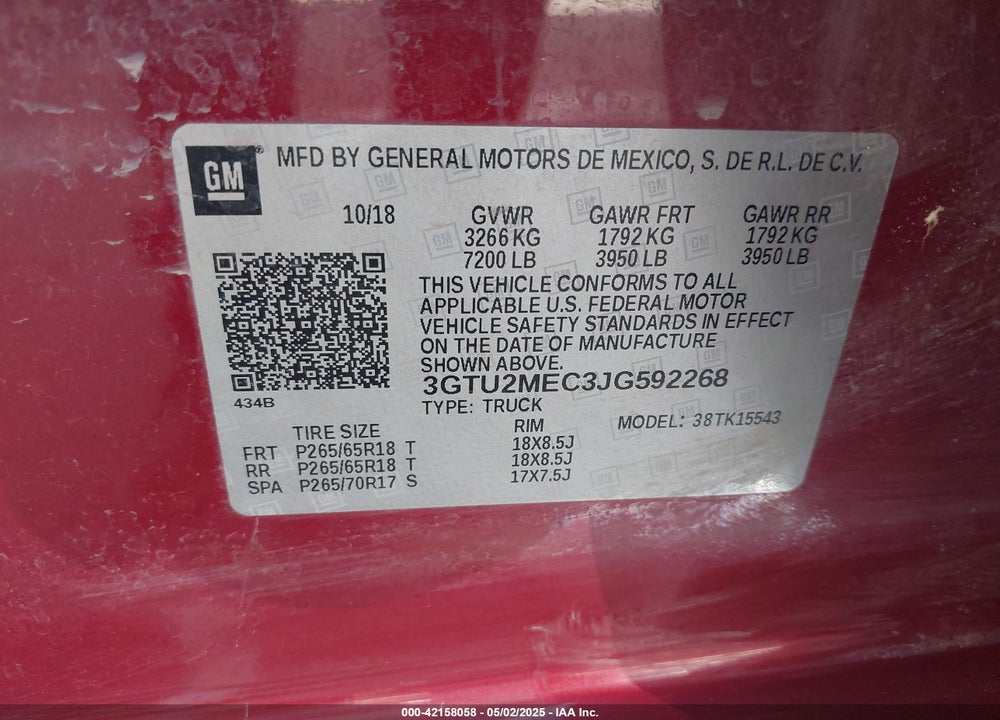 2018 GMC SIERRA 1500 SLE VIN: 3GTU2MEC3JG592268