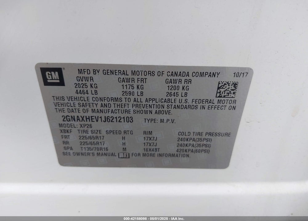 2018 CHEVROLET EQUINOX VIN: 2GNAXHEV1J6212103