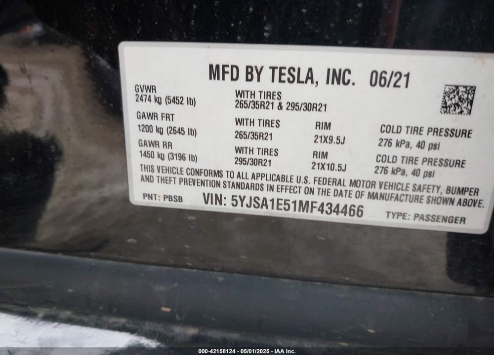 2021 TESLA MODEL S VIN: 5YJSA1E51MF434466