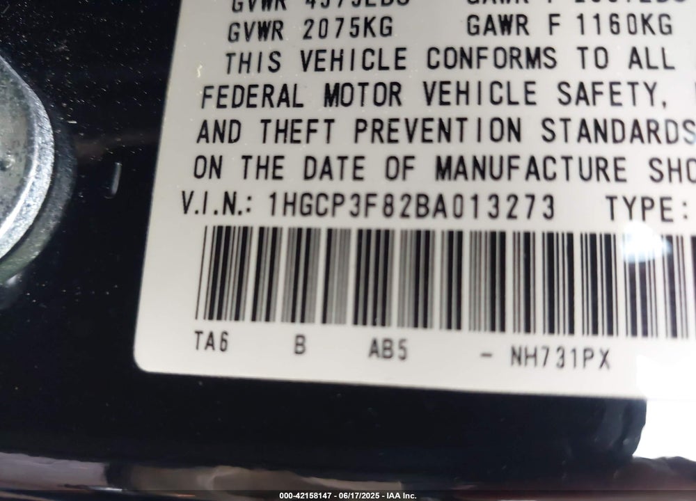 2011 HONDA ACCORD 3.5 EX-L VIN: 1HGCP3F82BA013273