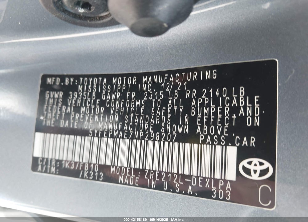2022 TOYOTA COROLLA VIN: 5YFEPMAE7NP298207