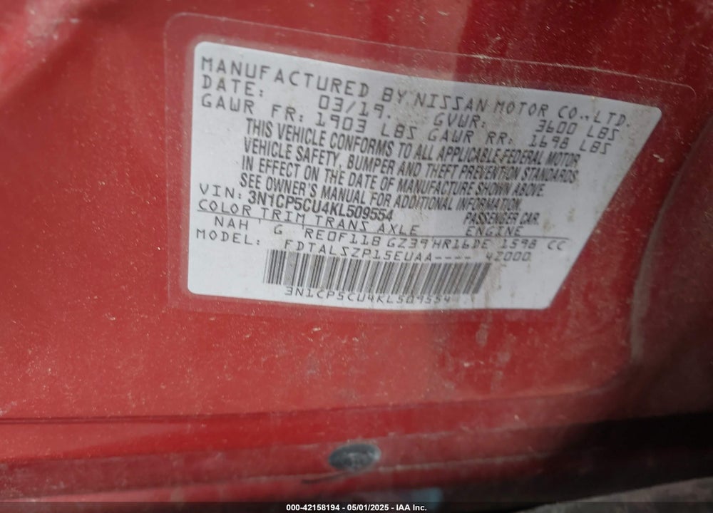 2019 NISSAN KICKS VIN: 3N1CP5CU4KL509554