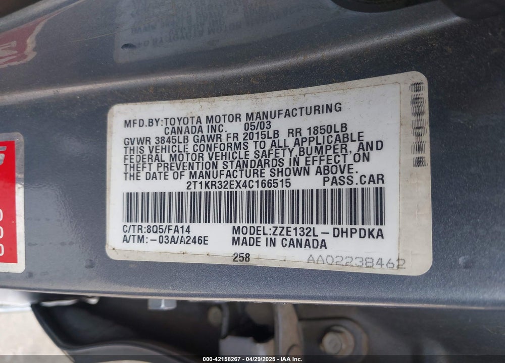 2004 TOYOTA MATRIX STANDARD VIN: 2T1KR32EX4C166515