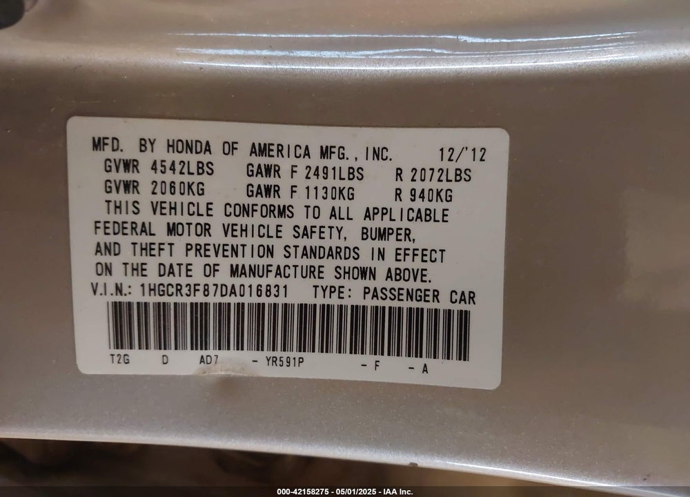 2013 HONDA ACCORD EX-L V-6 VIN: 1HGCR3F87DA016831
