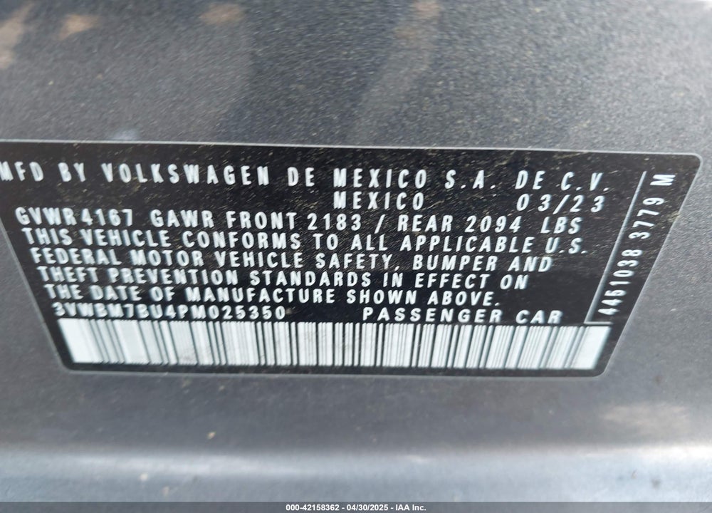 2023 VOLKSWAGEN JETTA VIN: 3VWBM7BU4PM025350