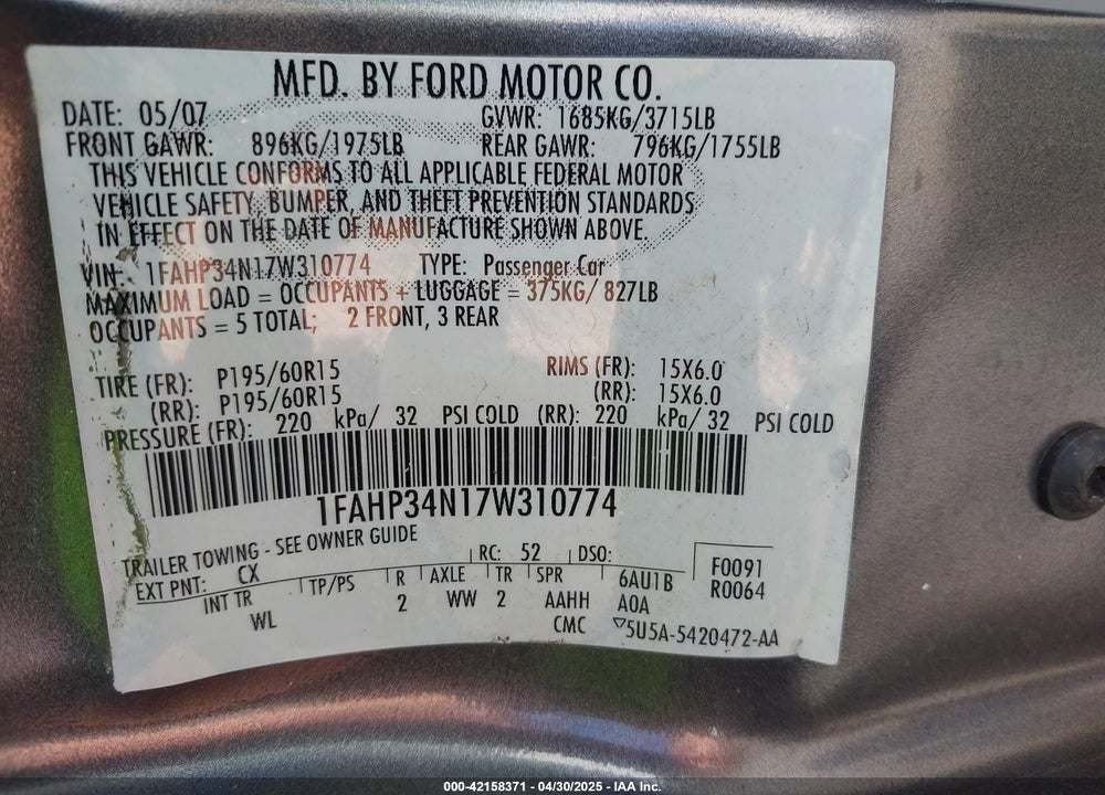 2007 FORD FOCUS S/SE/SES VIN: 1FAHP34N17W310774