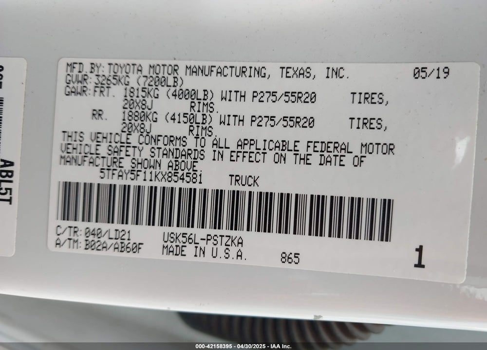 2019 TOYOTA TUNDRA VIN: 5TFAY5F11KX854581