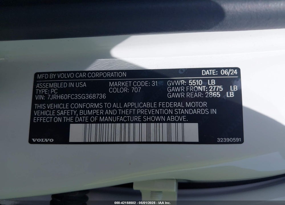 2025 VOLVO S60 PLUG-IN HYBRID T8 PLUS VIN: 7JRH60FC3SG368736