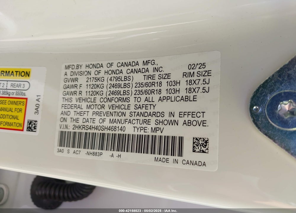 2025 HONDA CR-V VIN: 2HKRS4H40SH468140