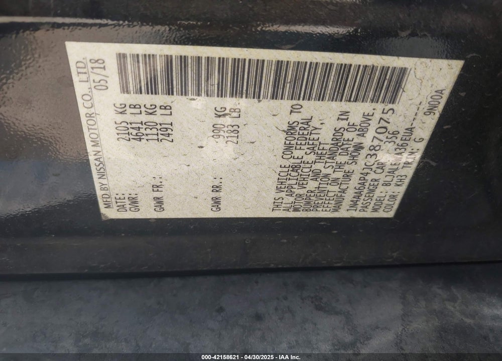 2018 NISSAN MAXIMA 3.5 SL VIN: 1N4AA6AP4JC387075
