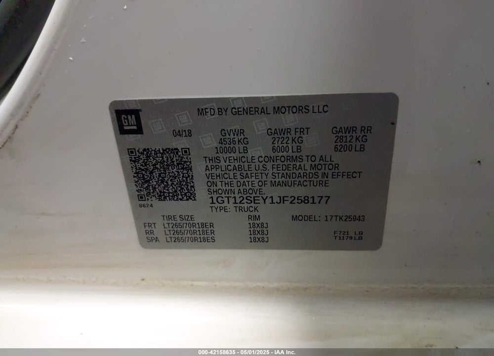 2018 GMC SIERRA VIN: 1GT12SEY1JF258177
