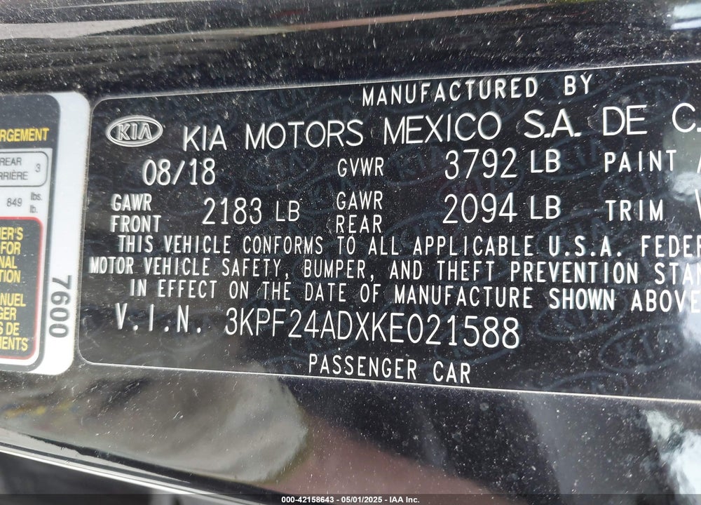 2019 KIA FORTE FE VIN: 3KPF24ADXKE021588
