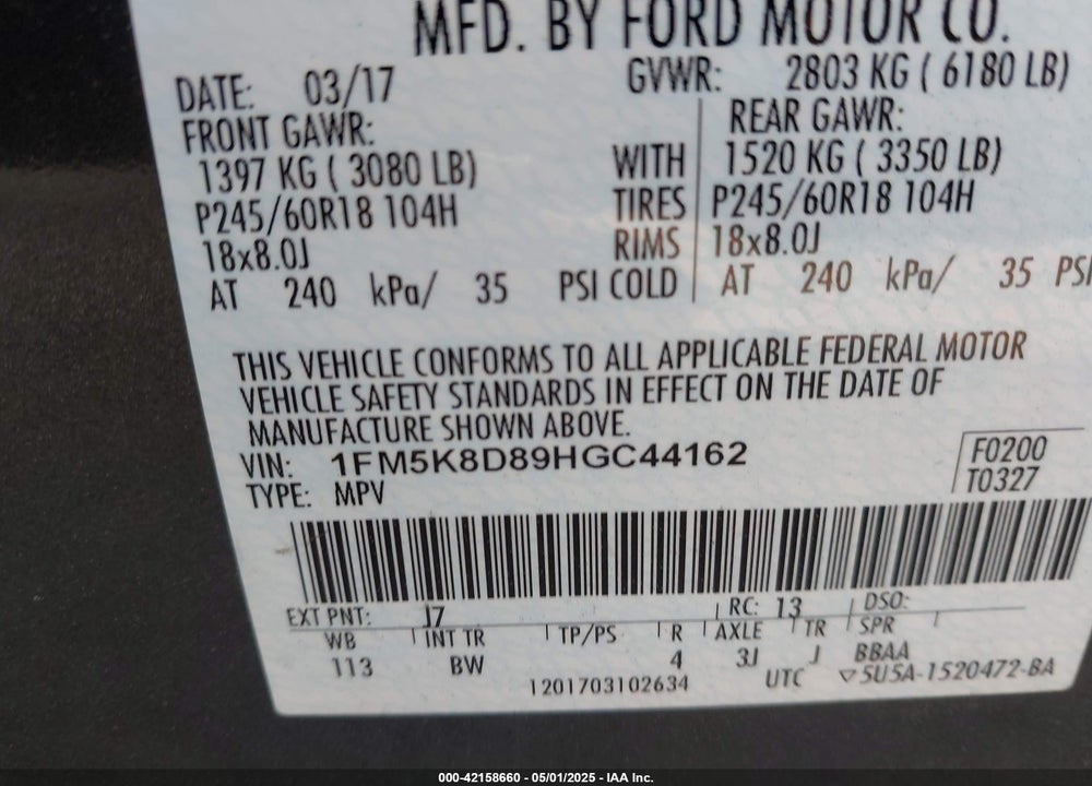 2017 FORD EXPLORER XLT VIN: 1FM5K8D89HGC44162