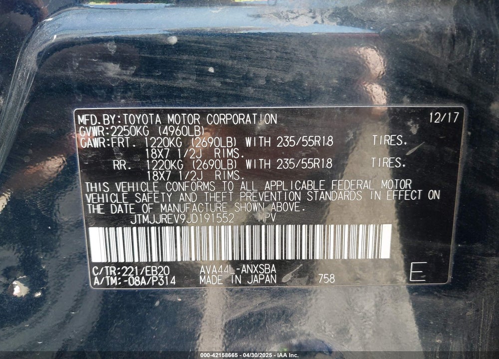 2018 TOYOTA RAV4 HYBRID VIN: JTMJJREV9JD191552
