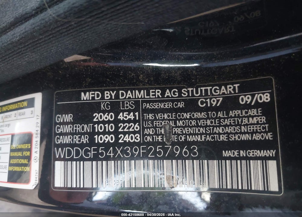 2009 MERCEDES-BENZ C VIN: WDDGF54X39F257963
