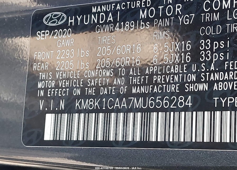 2021 HYUNDAI KONA VIN: KM8K1CAA7MU656284