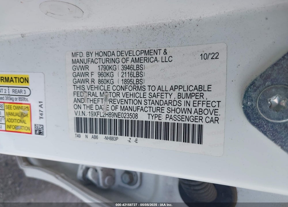 2022 HONDA CIVIC VIN: 19XFL2H89NE023508