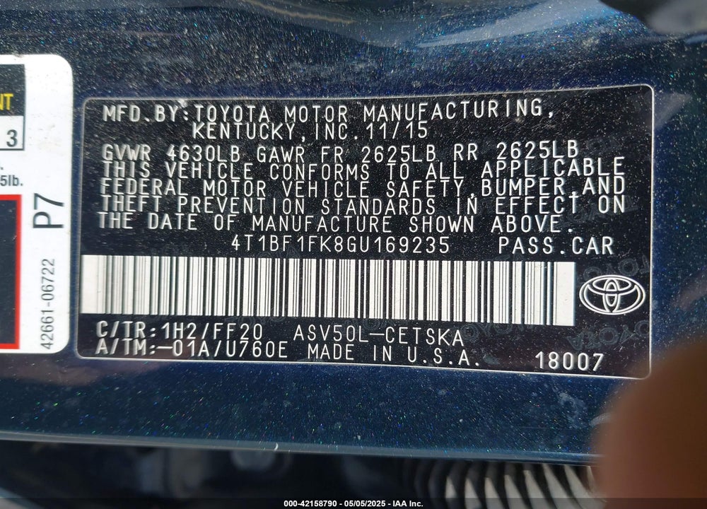 2016 TOYOTA CAMRY VIN: 4T1BF1FK8GU169235