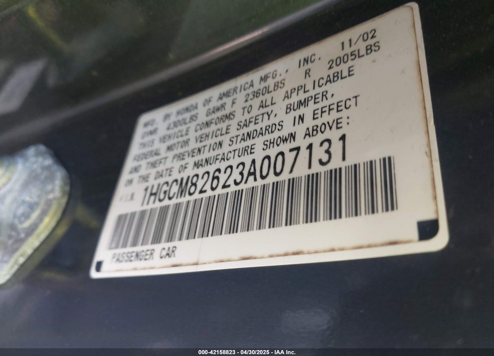 2003 HONDA ACCORD 3.0 EX VIN: 1HGCM82623A007131