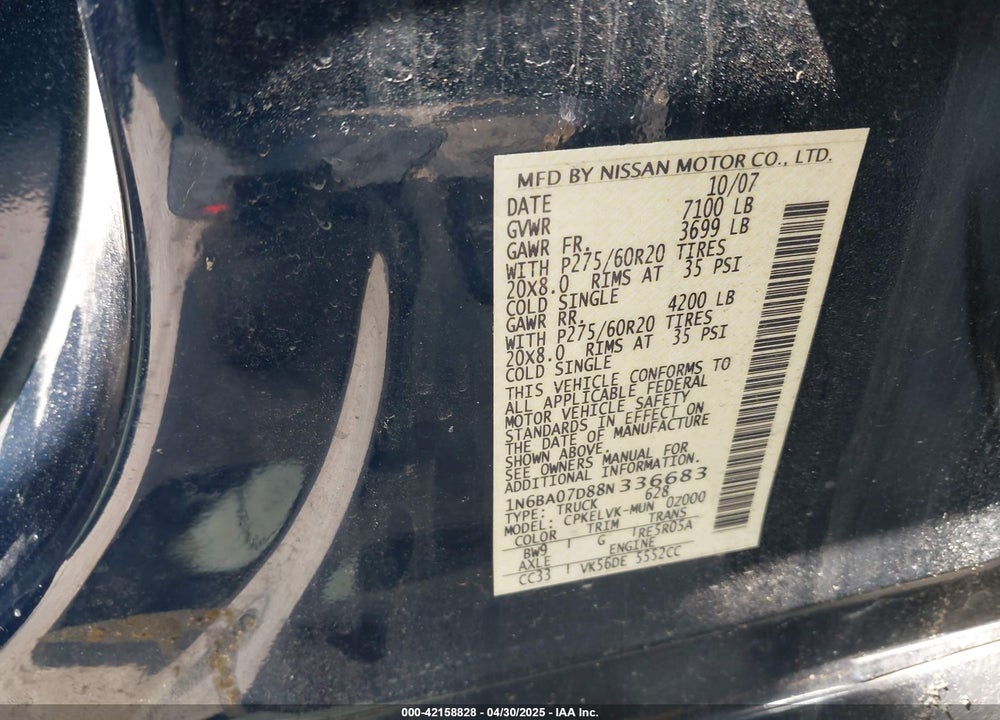 2008 NISSAN TITAN LE/SE VIN: 1N6BA07D88N336683