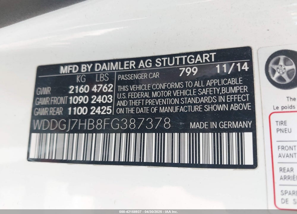 2015 MERCEDES-BENZ C CLASS VIN: WDDGJ7HB8FG387378