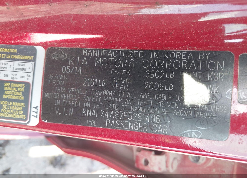 2015 KIA FORTE VIN: KNAFX4A87F5281496