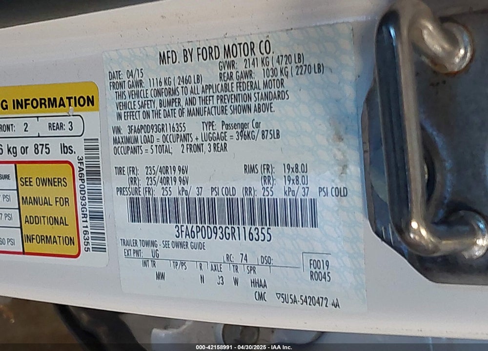 2016 FORD FUSION VIN: 3FA6P0D93GR116355