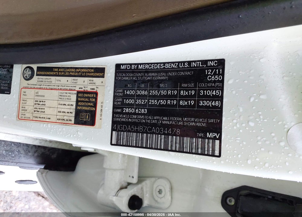 2012 MERCEDES-BENZ M-CLASS VIN: 4JGDA5HB7CA034478