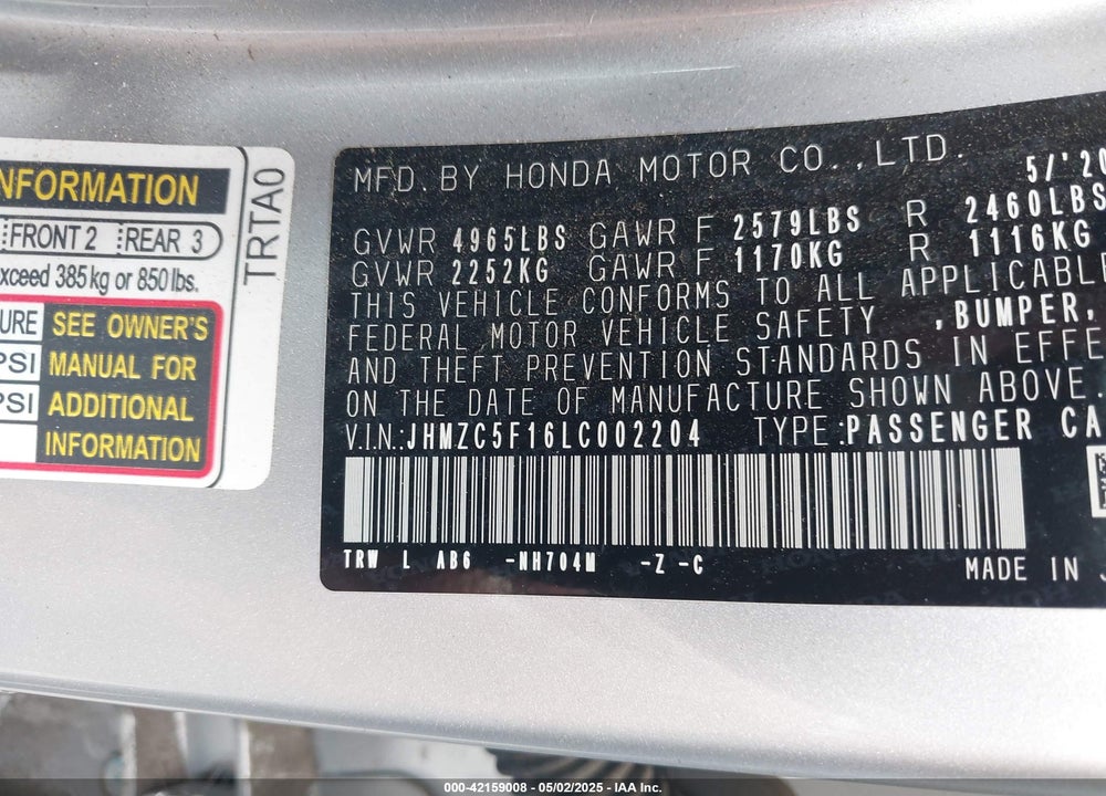 2020 HONDA CLARITY PLUG-IN HYBRID VIN: JHMZC5F16LC002204