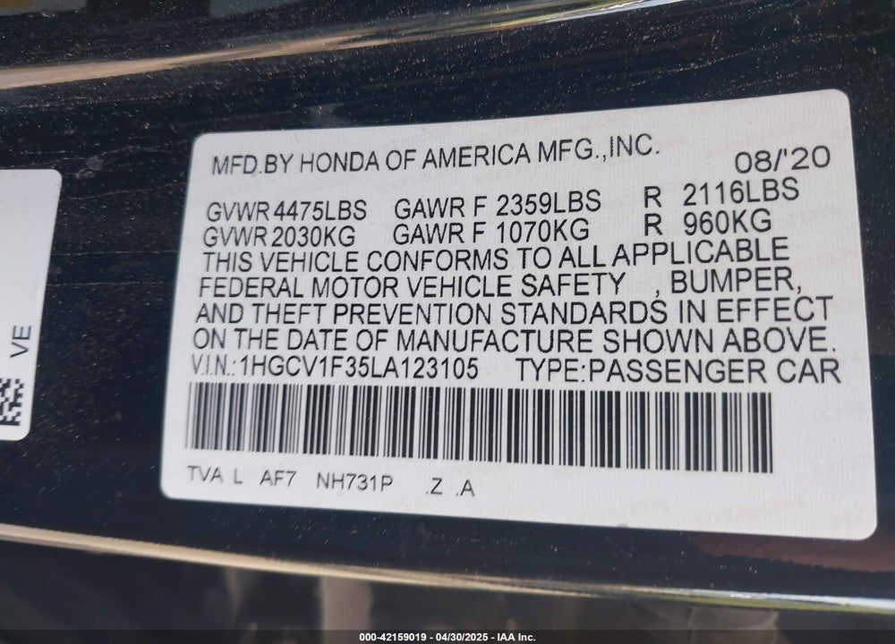 2020 HONDA ACCORD VIN: 1HGCV1F35LA123105