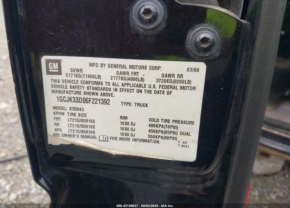 2006 CHEVROLET SILVERADO 3500 LT1 VIN: 1GCJK33D06F221392