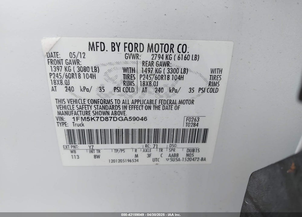 2013 FORD EXPLORER XLT VIN: 1FM5K7D87DGA59046