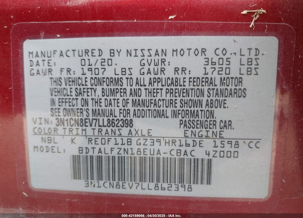 2020 NISSAN VERSA VIN: 3N1CN8EV7LL862398