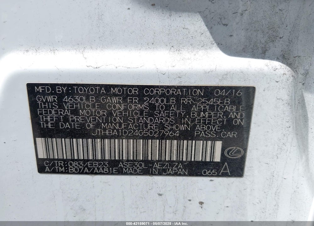 2016 LEXUS IS 200T VIN: JTHBA1D24G5027964