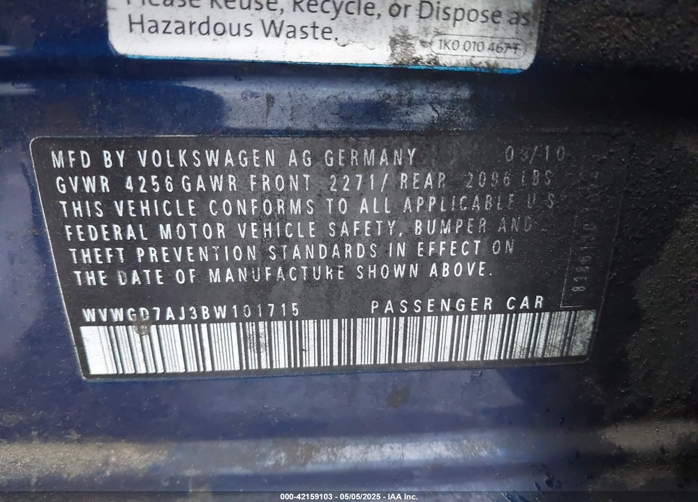 2011 VOLKSWAGEN GTI 4-DOOR AUTOBAHN VIN: WVWGD7AJ3BW101715