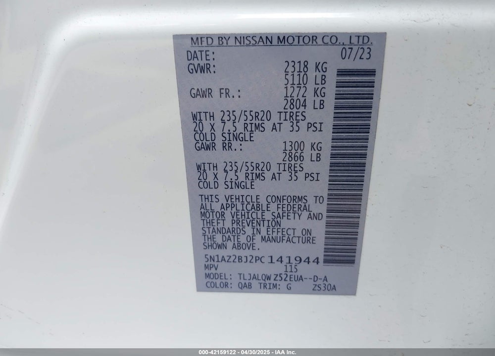 2023 NISSAN MURANO VIN: 5N1AZ2BJ2PC141944
