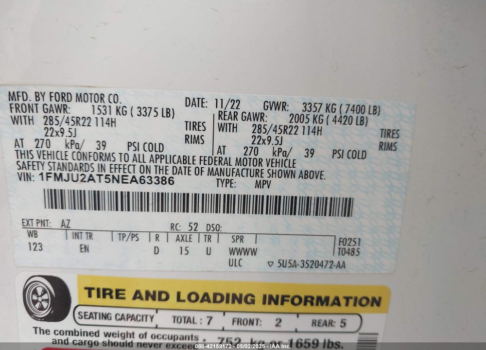 2022 FORD EXPEDITION VIN: 1FMJU2AT5NEA63386