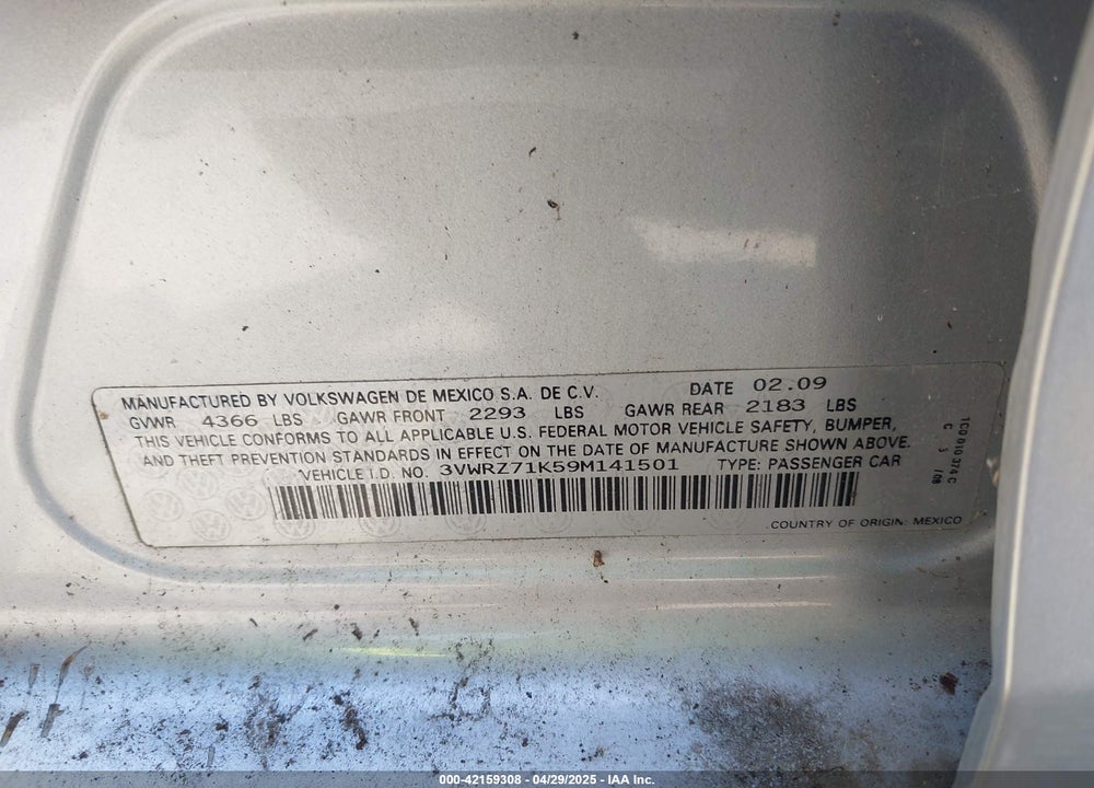 2009 VOLKSWAGEN JETTA SE VIN: 3VWRZ71K59M141501