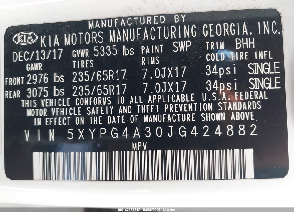 2018 KIA SORENTO VIN: 5XYPG4A30JG424882