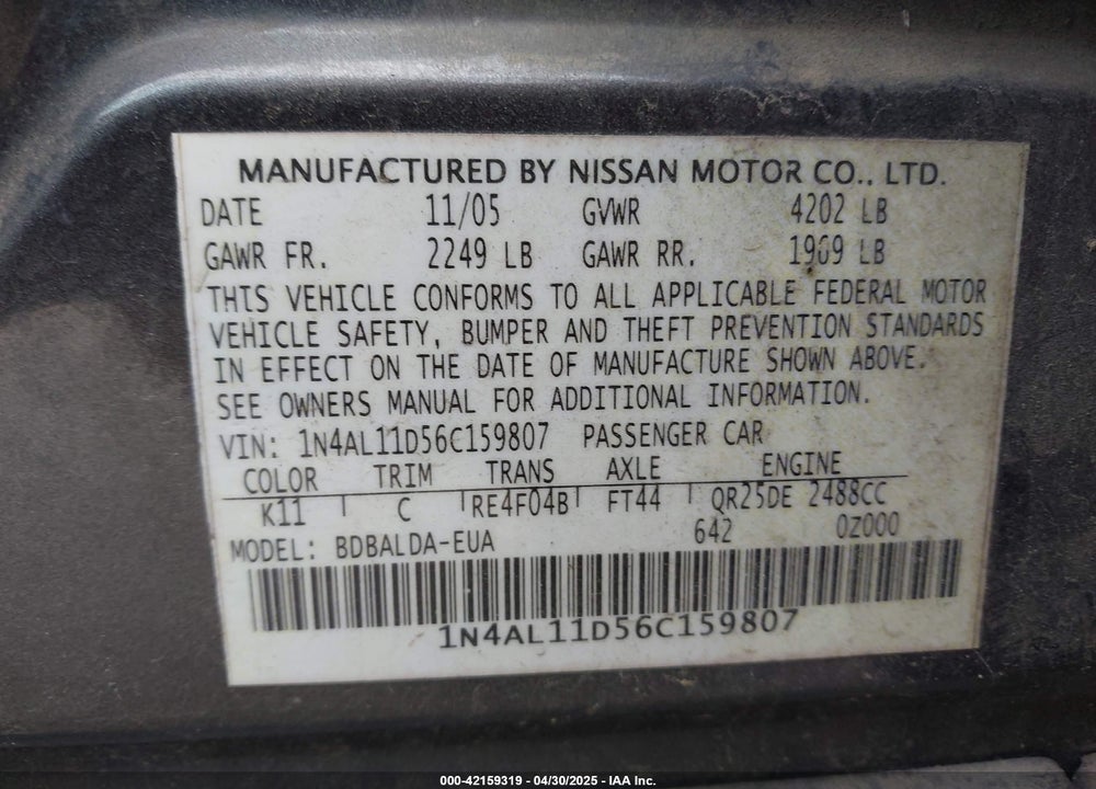 2006 NISSAN ALTIMA VIN: 1N4AL11D56C159807