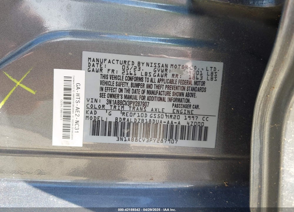 2023 NISSAN SENTRA SV XTRONIC CVT VIN: 3N1AB8CV3PY287907