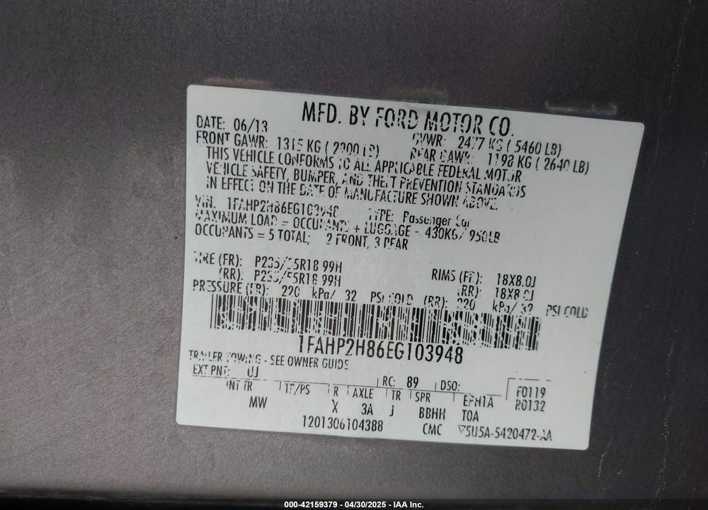 2014 FORD TAURUS SEL VIN: 1FAHP2H86EG103948