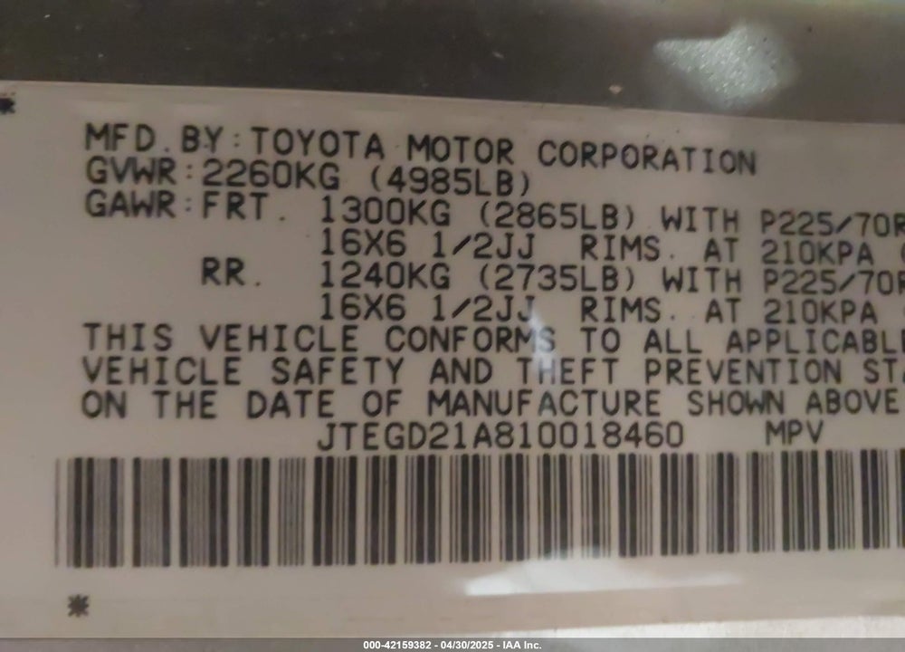 2001 TOYOTA HIGHLANDER VIN: JTEGD21A810018460