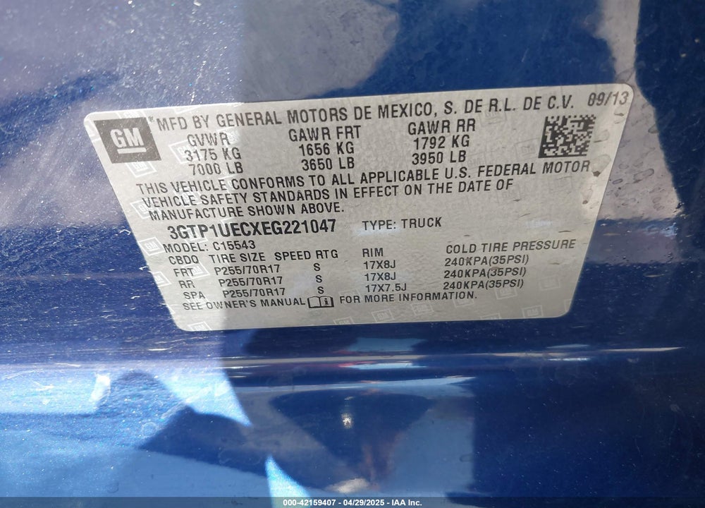 2014 GMC SIERRA 1500 VIN: 3GTP1UECXEG221047
